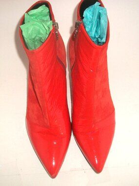 Rag and Bone Bright Orange Patent & Suede Heeled Pointy Booties